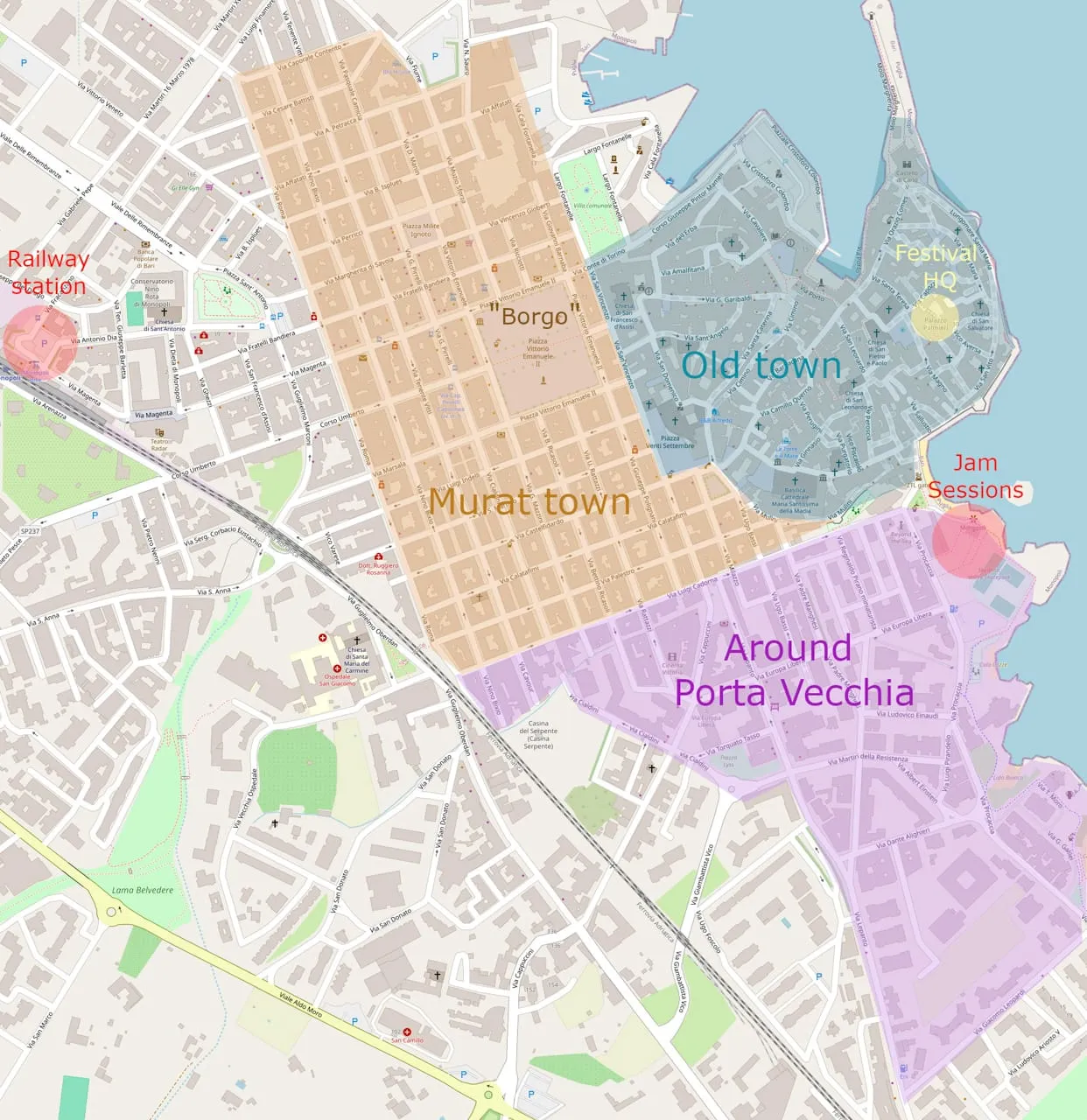 Map of Monopoli with its areas: old town, Murat town, around Porta Vecchia; the railway station, Piazza Palmieri and Caffè Mezzopieno are marked
